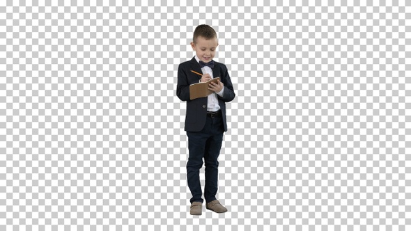 Boy in a formal clothes writing in check list or notebook Alpha alt