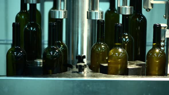 Conveyor with Wine Bottles at Wine Factory White Wine Production Bottle Washing and Filling alt