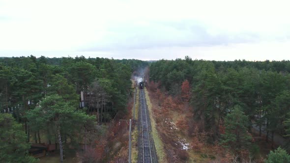 Aerial View of Steam Vintage Locomotive Pass Over the Forest