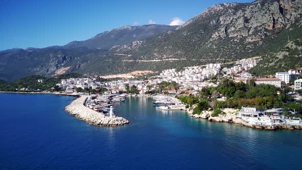The top view from the drone of Kas resorts, bay, yahts, city in Mugla in Turkey alt