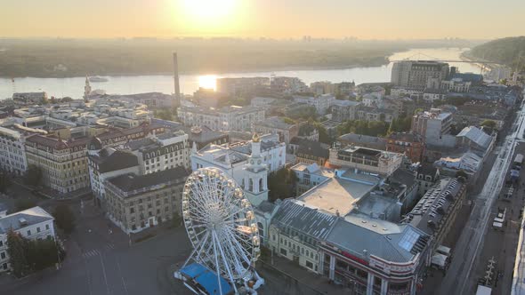 Historical District of Kyiv - Podil in the Morning at Dawn. Ukraine. Aerial View alt