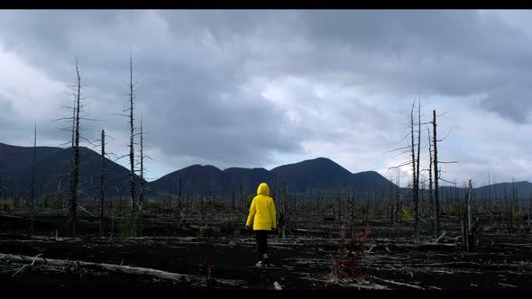 a man in a yellow cloak on scorched earth