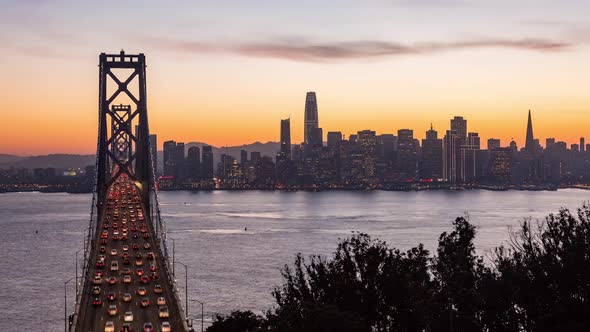 Downtown San Francisco and Bay Bridge Day to Night Sunset alt