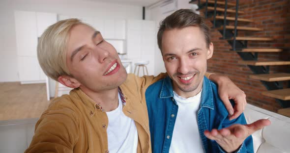 POV of Homosexual Couple Hugging and Talking to Camera When Having Videochat alt