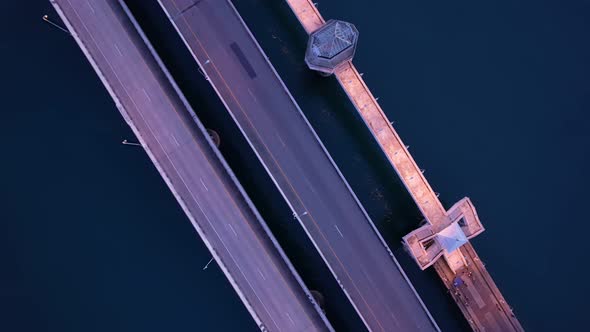 Aerial view drone shot of Amazing bridge with cars on bridge road. Transportation and travel backgro alt