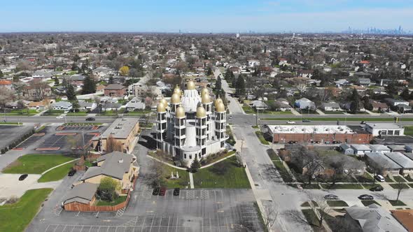 Flight Over the Ukrainian Church in Chicago, Illinois. Church with Golden Domes on a Sunny Day, for alt
