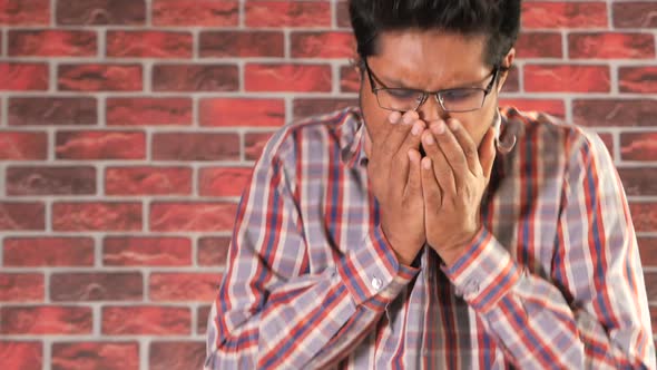  Young Asian Man Coughing and Sneezes Close Up  alt