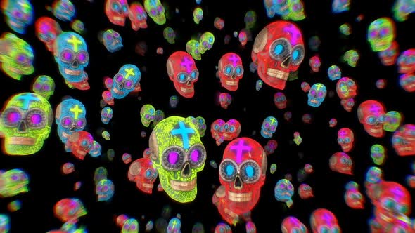 Glowing neon Halloween skulls falling