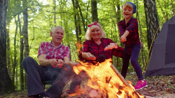 Happy Senior Man Woman with Grandchild Talking Cooking Frying Sausages Over Campfire in Evening Wood alt