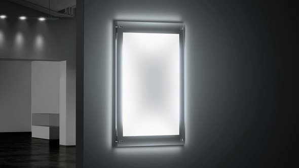 Blank glowing poster mockup in illuminated glass holder, looped switch alt