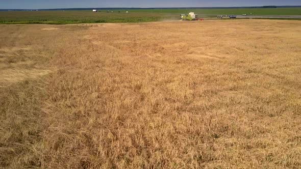 Aerial Motion From Combine and Cars Over Gold Wheat Field alt