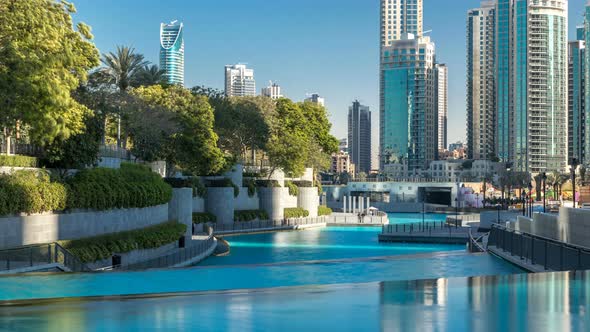 Evening View of Cascade of Water Near Dancing Fountains in Downtown Timelapse in Dubai UAE alt