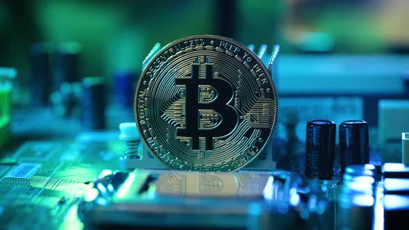 Digital currency concept, Bitcoin on Computer motherboard, Mining bitcoin alt