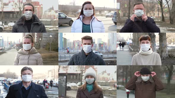 Different people in medical masks on street