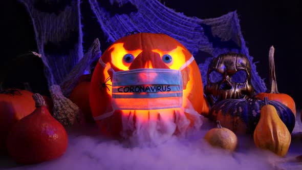 Halloween during coronavirus pandemic. Jack o lantern pumpkin in medical mask.