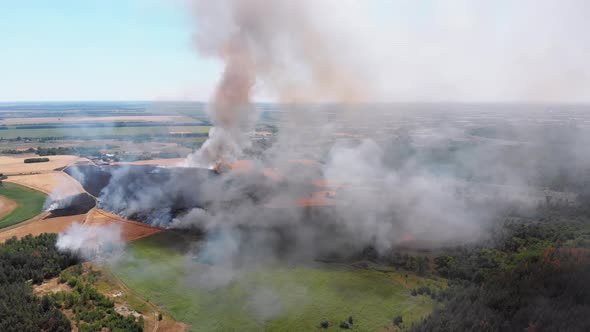 Aerial View of Fire in Wheat Field. Flying Over Smoke Above Agricultural Fields alt