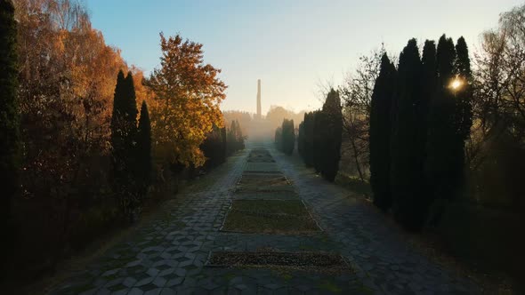 Autumn City Of Rivne Ukraine. Dawn With Fog At The Glory Memorial. Aerial Shot