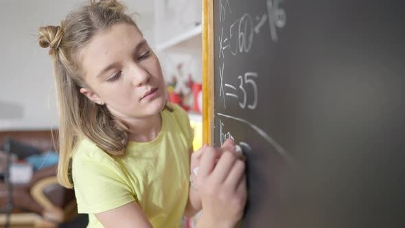 Portrait of Genius Caucasian Girl Solving Math Problem on Blackboard at School alt