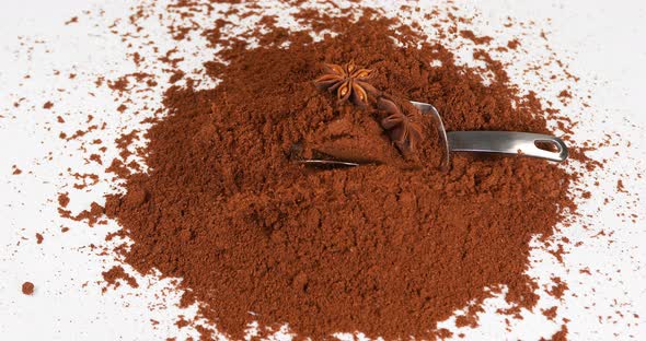 Star Anise illicium verum,, spice falling on Powder of Star Anise against White Background alt