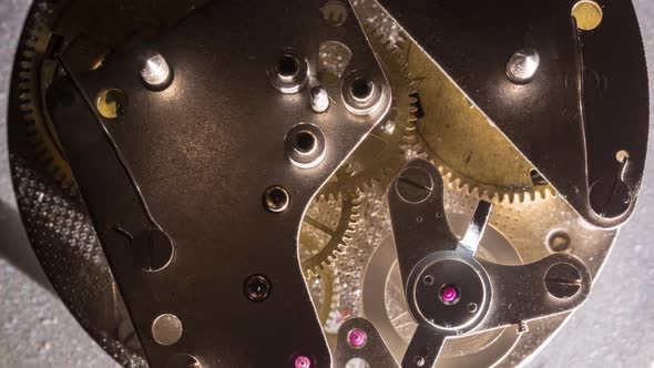 Close up view of Vintage old clock mechanism working alt