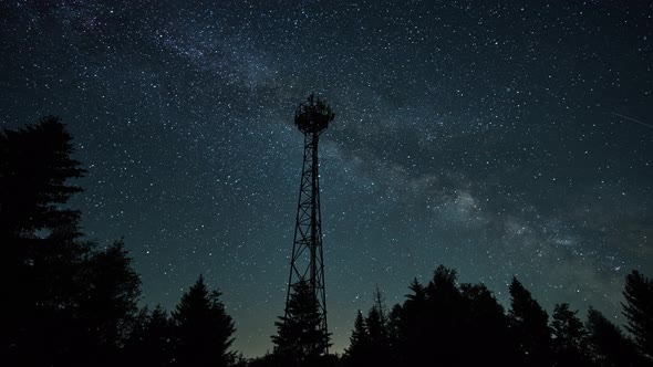 Night Sky with the Milky Way the Silhouette of Trees and Transmitters in the Forest