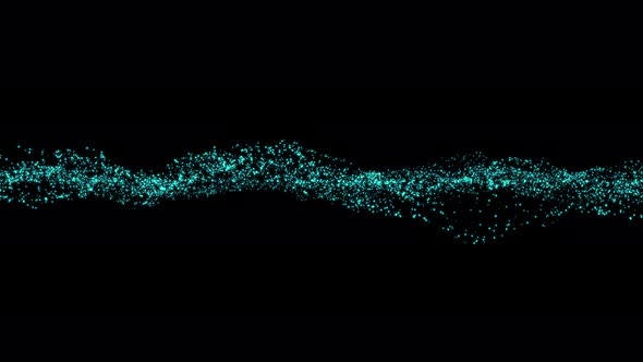 Abstract digital animation vanishing blue particle wave on black background.