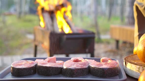 BBQ Fish Steaks. Pieces of Salmon Are Fried Over an Open Fire.