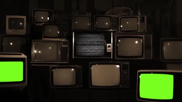 Retro TVs turning Off Green Screen. Sepia Tone. alt