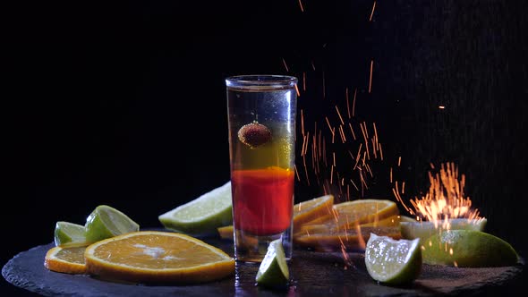 Thin Glass Red Alcoholic Drink, Multicolored Rainbow Cocktail with Berry Stands Next To Slices of alt