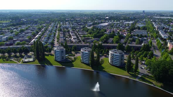Aerial view living area at Amersfoort Kattenbroek Emiclaer, The Netherlands. Flying down alt
