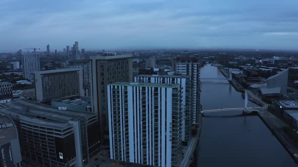Aerial View of the Media City UK is on the Banks of the Manchester at Dusk alt