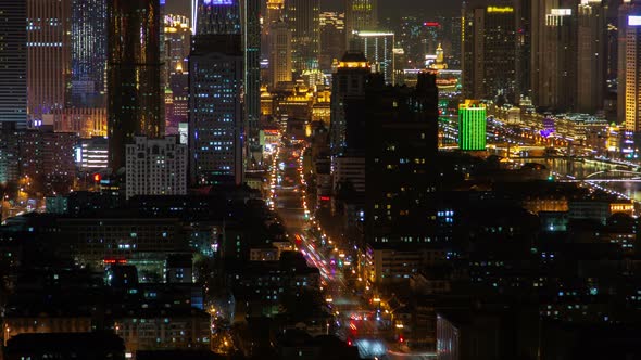 Tianjin Night Aerial Cityscape Panorama China Timelapse Pan Up alt