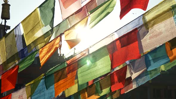 Prayer Flags in Morning Sun Lights. Kathmandu, Nepal. Slow Motion,  alt