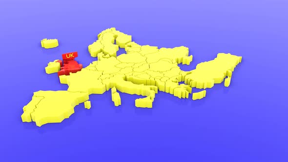 Map of Europe in yellow, focused on UK in red with a map sticker