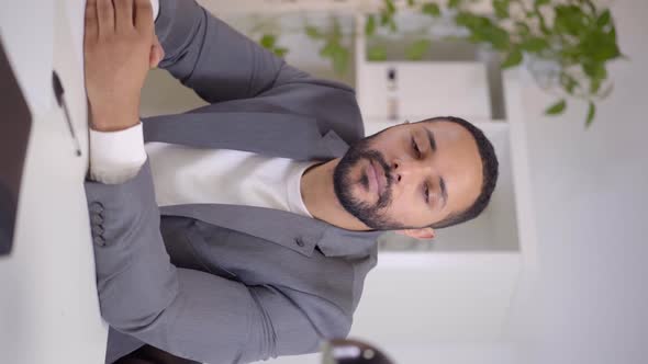 Business Man Listening on Webcam Doing Video Call Conference for Job Interview Business Coach alt