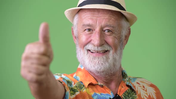 Handsome Senior Bearded Tourist Man Ready for Vacation Against Green Background alt