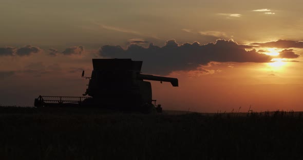 Wheat Harvest. Combine Harvester At Sunset alt