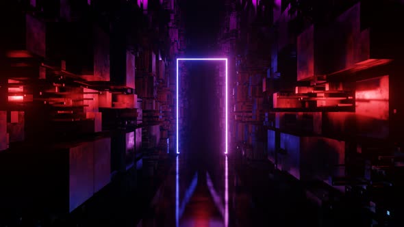 A neon rectangle flying along the sci-fi corridor. Futuristic looped animation