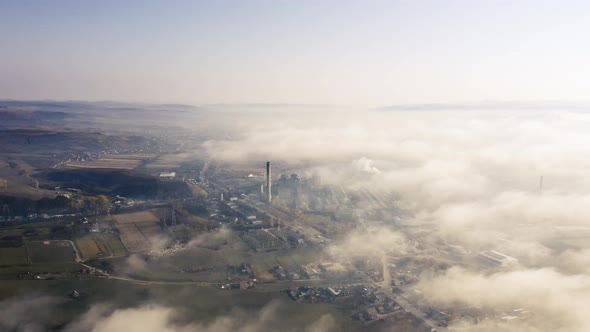 Aerial view of industral landscape in fog