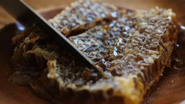 Slow Motion Knife Cutting Honeycombs on a Plate.