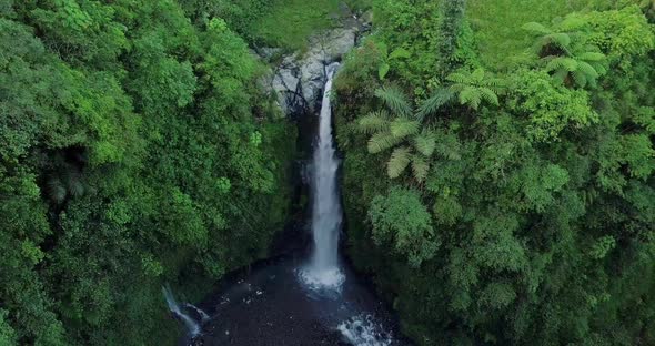 waterfall and river surrounded by trees and grass in the morning. Kedung Kayang Waterfall, Magelang, alt