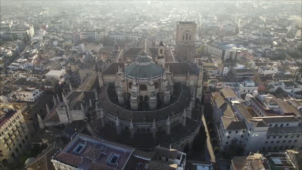 Drone view of imposing Catholic Granada Cathedral standing out above city