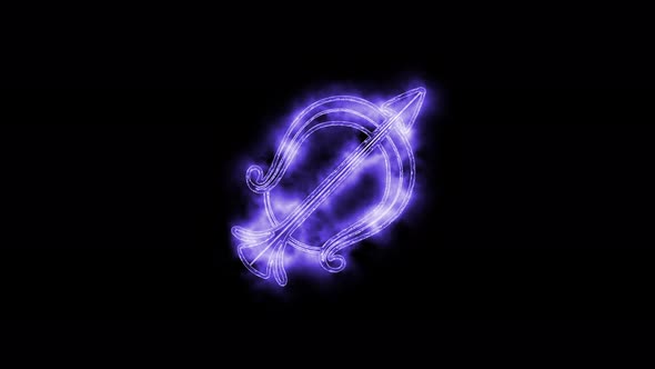 The Sagittarius zodiac symbol animation, horoscope sign lighting effect purple neon glow