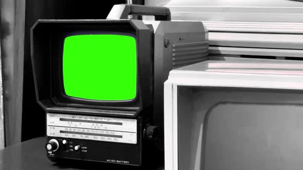 Vintage Monitor Turning On Green Screen. Black and White Tone.
