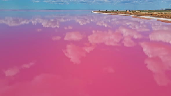 Drone Flight Over Colorful Pink Lake with Salt Coast and Beautiful Sky with Dramatic Clouds alt