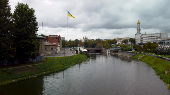 Flag of Ukraine, Kharkiv city center autumn aerial