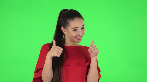 Portrait Pretty Girl Pointing Side Hand for Something, Shows Thumb Like, Then Pointing Other Side alt