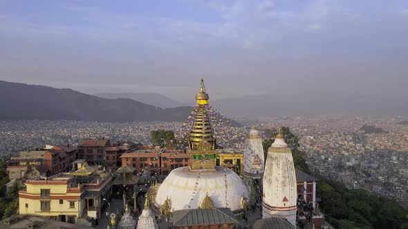 Black Kite passing by flying over Swayambhunath Stupa alt