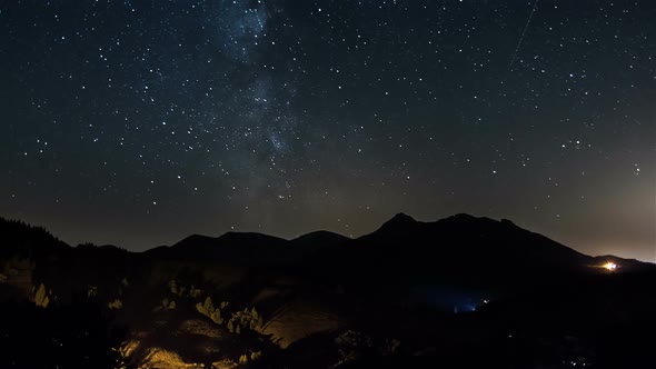 Stars Moving in Night Sky over Mountains on Countryside. Milky Way Galaxy Astronomy alt