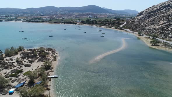 Kolimpithres beach on Paros island in the Cyclades in Greece viewed from the sky alt